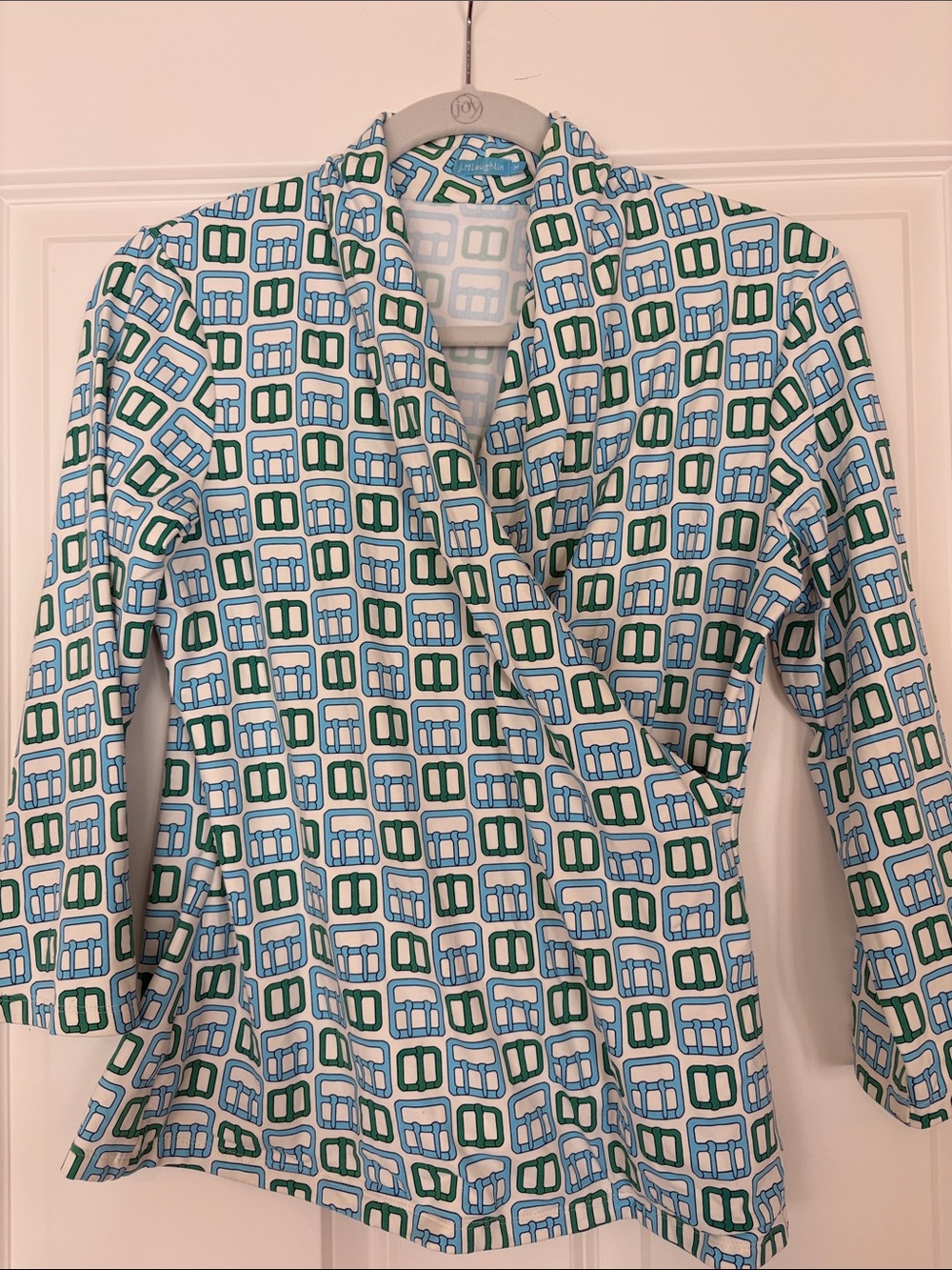 J. McLaughlin White Wrap Blouse with Blue & Green Geometric Print